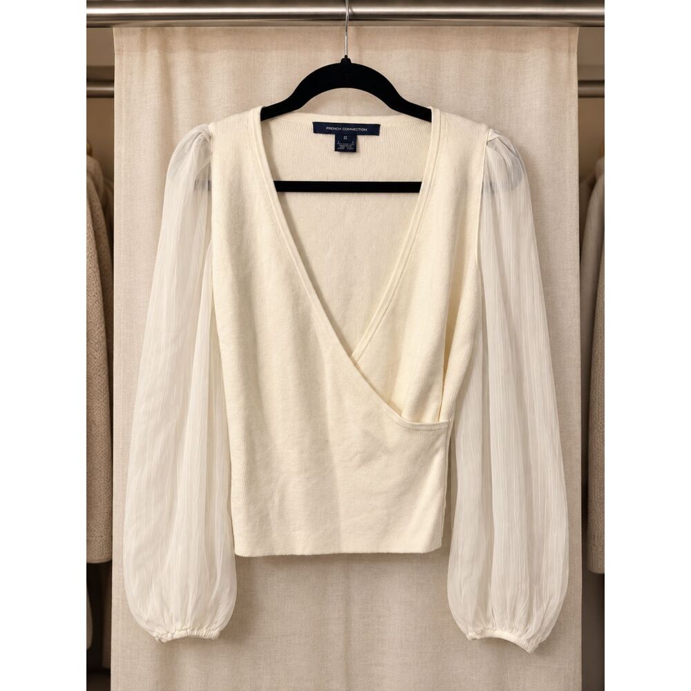 French Connection Ivory Chiffon-Sleeve Blouse